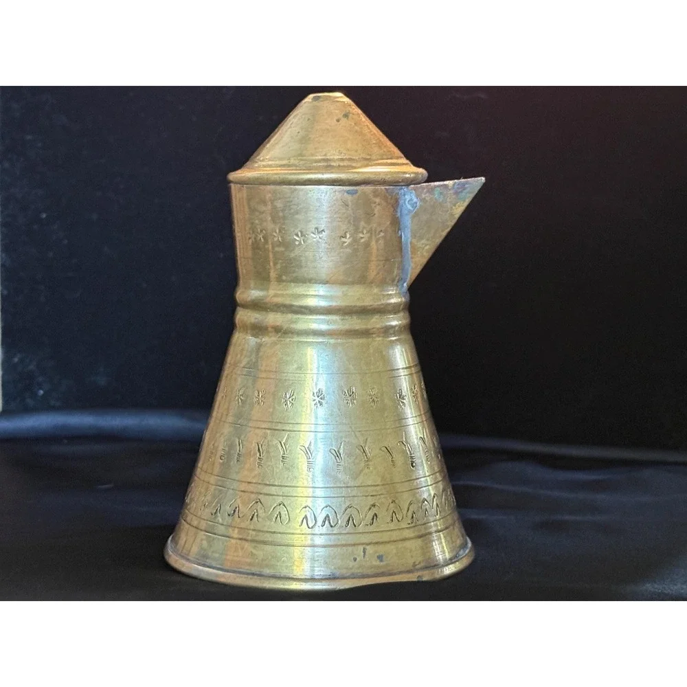 Vintage Brass Tea Set Engraved Coffee Pot & 4 Cups Moroccan Mediterranean Decor